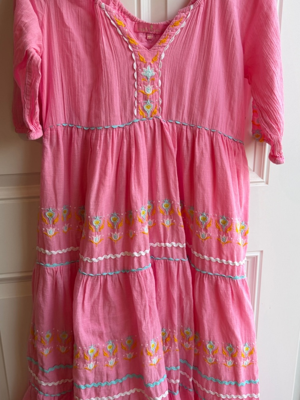 Simply Southern Pink Boho Embroidered Tiered Midi Dress XL Cottagecore Puff